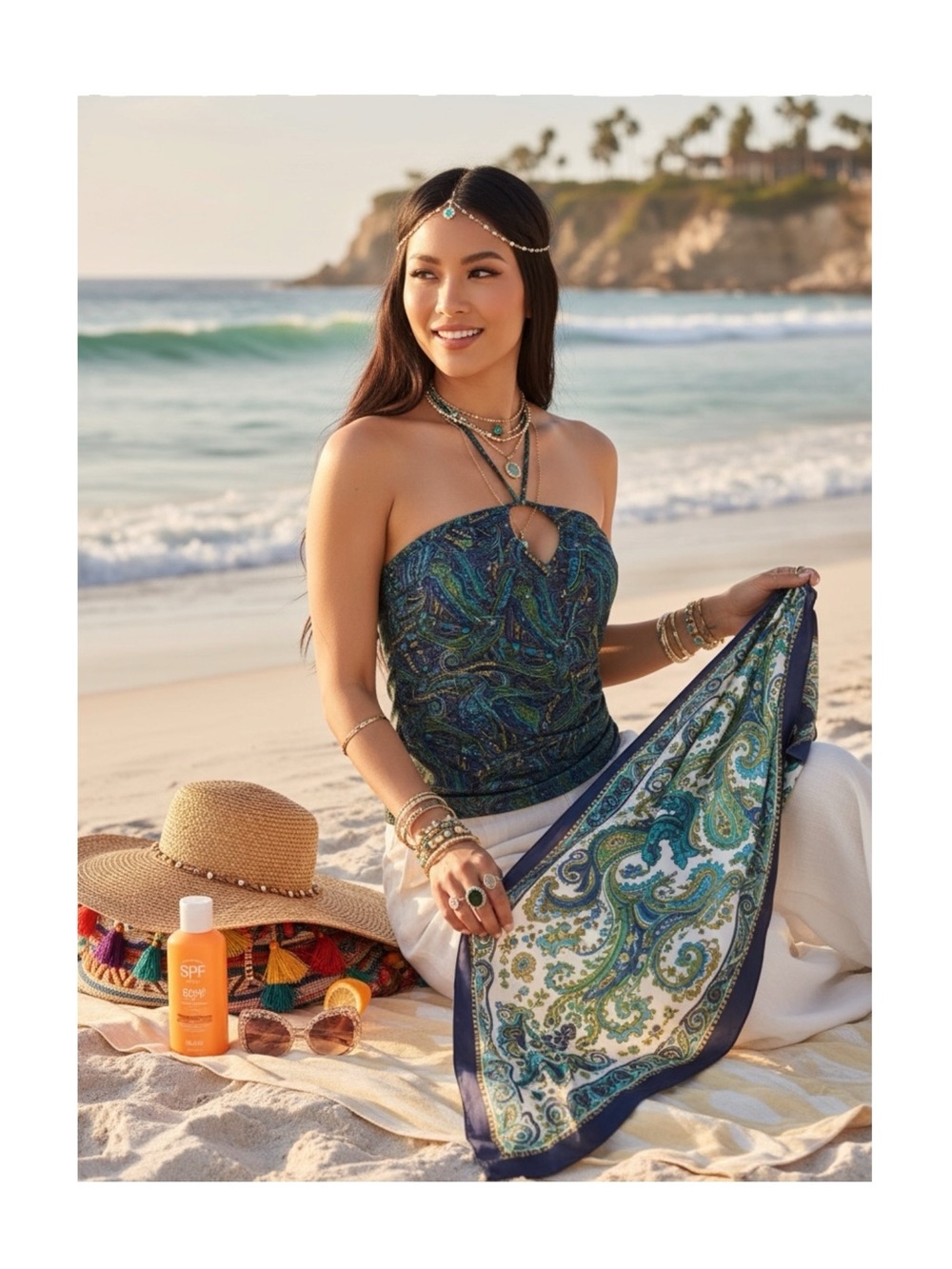 new Papillon Blanc 🝮 Shaped Boho Halter Corset Top 🝮 Floral Paisley Print 🝮 L